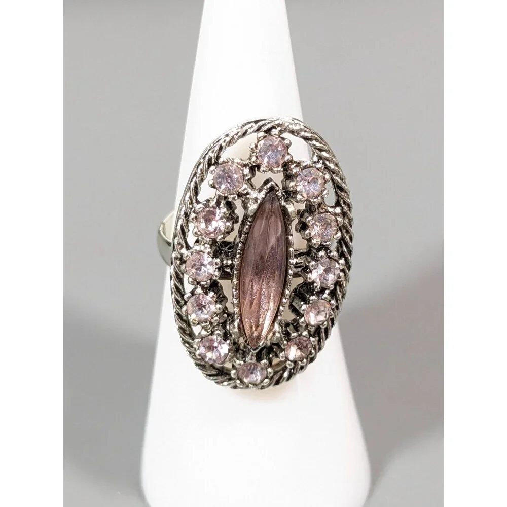 Vintage Pink Marquise Round Wide Oval Cocktail Adjustable Band Ring Size‎ 7